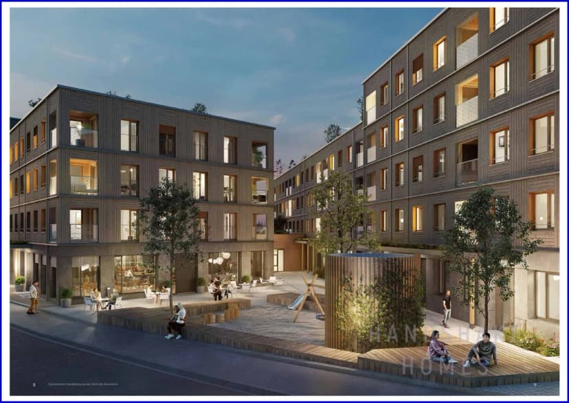 Neubauprojekt Holzkirchen – Außenansicht des Wohnquartiers mit begrüntem Innenhof (Visualisierung)