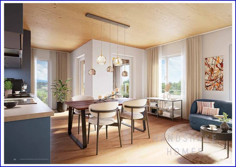 Helle Wohnküche mit modernem Essbereich im Neubau (Visualisierung)